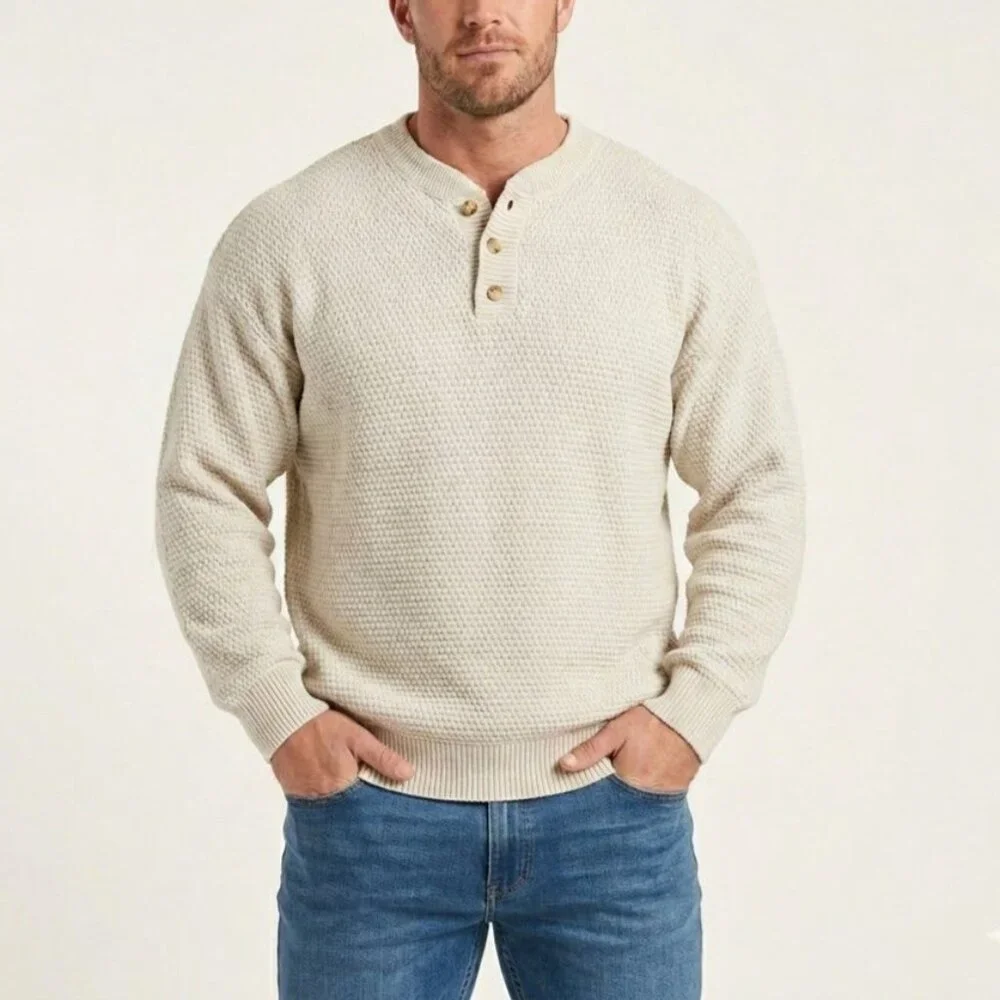 Vintage Henley Fisherman Pullover Sweater Munsingwear Size L Cream Waffle Knit